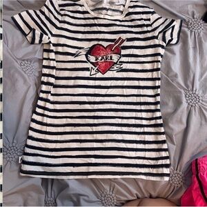 Karl Lagerfeld Black and White Striped Tee with Red Heart